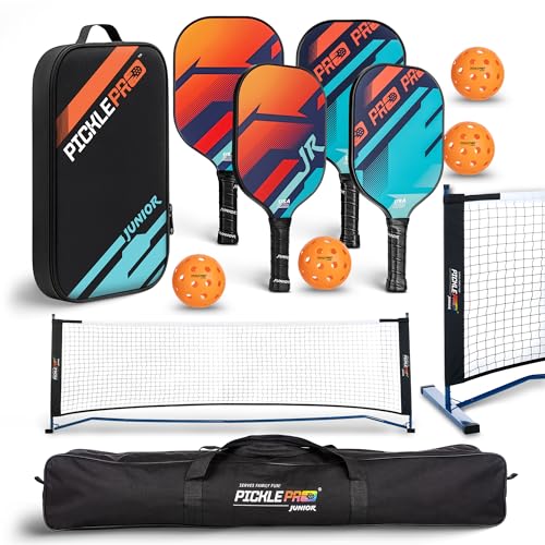 PicklePro Junior - Lab Tested 6+ Complete Pickleball Set with 10ft Net – Includes 4 Junior Paddles, Balls & Bag – USAP Approved Beginner Pickleball Kit