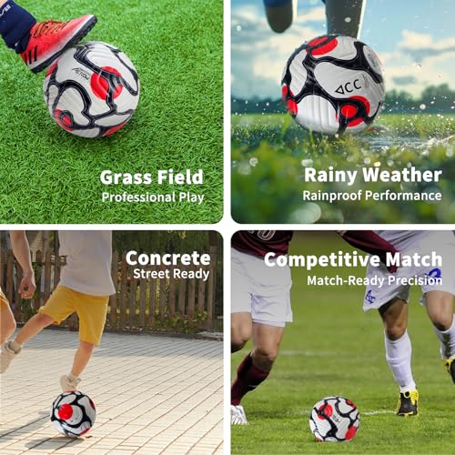 Soccer Ball Size 5,4 – Thermal Bonded Waterproof PU Leather, Professional Training & Match Ball for Youth & Adults, with Pump & Bag, Training Gift Set - color: red