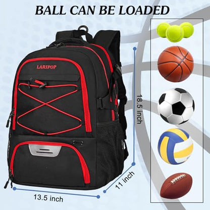 LARIPOP Basketball Backpack Large Basketball Bag with Ball Holder & Shoe Compartment for Youth Adults Men Women - color: Red