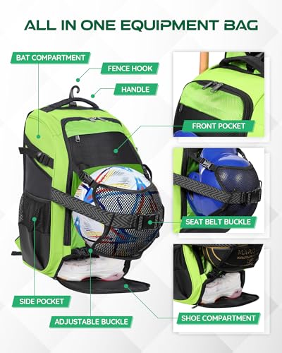 Large Baseball Backpack for Adult Youth 42L Softball Bat Bag with Detachable Adjustable Helmet Mesh Pocket Fit Basketball Soccer Volleyball Baseball Equipment Bag for Men Women 12+ Boys Girls - color: Green