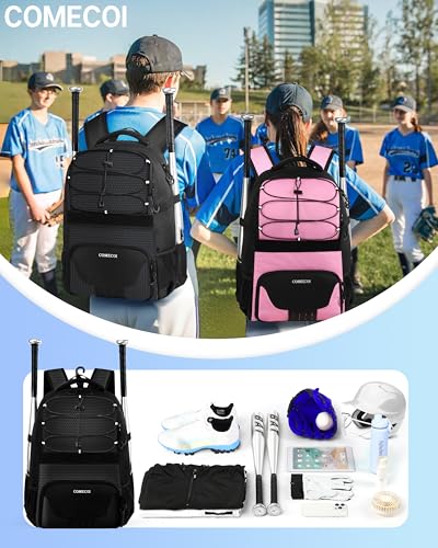 COMECOI Softball Bag, Lightweight Baseball Backpack with Shoes Compartment, Baseball Bat Bags with Fence Hook for TBall Bat & Equipment, for Batting Mitten, Helmet, for Girls, Boys, Youth, Adults - color: Black