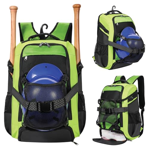 Large Baseball Backpack for Adult Youth 42L Softball Bat Bag with Detachable Adjustable Helmet Mesh Pocket Fit Basketball Soccer Volleyball Baseball Equipment Bag for Men Women 12+ Boys Girls - color: Green
