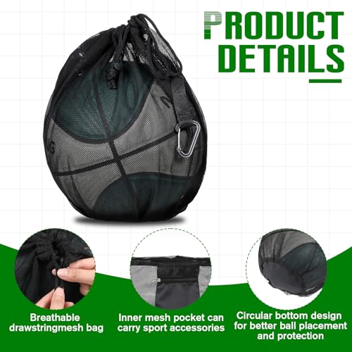 Thinp Single Mesh Ball Bag with Zipper Pocket, Ball Storage Bag Mesh Storage Bags with Double Hook Portable Drawstring Sling Back Bags for Soccer Basketball Football Volleyball Rugby