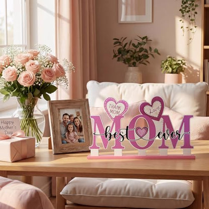 Smile Happy Mother's day Indoor Decorations Wooden Decor Table Centerpiece Thank You Mom Best Ever Wooden Plaque Ornaments for Home Kitchen - style: Letter Mom