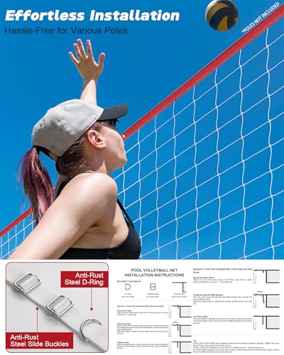 Swimming Pool Volleyball Net Replacement Heavy Duty, Extra-Long 15FT-28FT Adjustable, Upgraded All-Weather+Waterproof, Reinforced Borders, and Durable Nylon Straps - 15x3FT (Net Only)