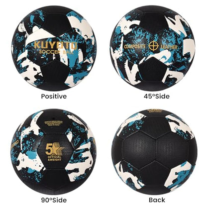 KUYOTQ Soccer Ball, Machine Stitched PU/TPU Leather Soccer Ball Match & Training for Kids Youth Adult, Professional Construction for Durable in and Outdoor Use with Superior Touch