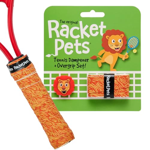 Racket Pets Kids Tennis Racket Dampener & Matching Overgrip Tape, Performance Shock Absorbing Dampener for Tennis Racket & Fun Animal Print Tennis Wrap Grip Tape - style: Lion