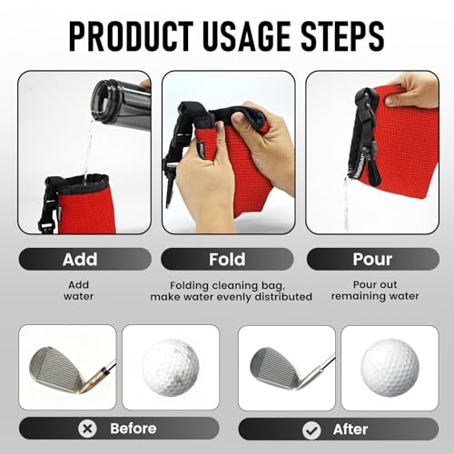 Golf Club and Golf Ball Cleaning Bag - Cleans Club Grooves, Waterproof Clean Face Tech, Detachable Clip, Machine Washable, Stay-Dry Exterior,Gift for Men (1, RED) - color: Red