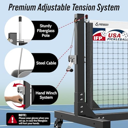 Tournament Pickleball Net, IFP/USAPA Standards 22FT Regulation Size, Rust-Resistant Aluminum Frame with Hand-Crank Tension System for Semi-Permanent or Mobile Court Use
