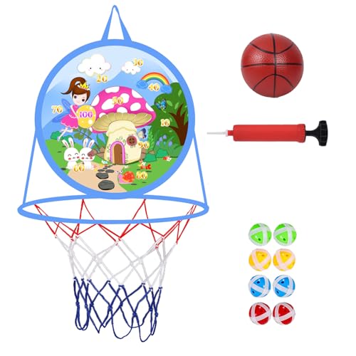2 in 1 Basketball Hoop and Dart Board, 14" Dart Board for Kids, Basketball Hoop for Kids Toddlers, Sports & Outdoor Play, Birthday Gift Toys for 3 4 5 6 7 8 9 10 Year Old Boys Girls Kids, Party Favors - style: 2 in 1 Pink Fairy Theme