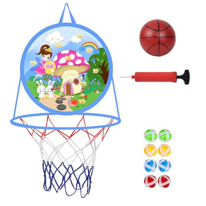 2 in 1 Basketball Hoop and Dart Board, 14" Dart Board for Kids, Basketball Hoop for Kids Toddlers, Sports & Outdoor Play, Birthday Gift Toys for 3 4 5 6 7 8 9 10 Year Old Boys Girls Kids, Party Favors - style: 2 in 1 Pink Fairy Theme
