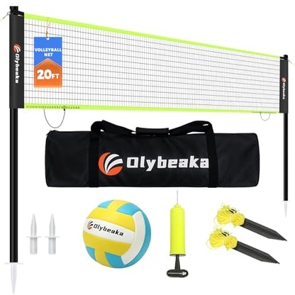 20FT Outdoor Volleyball Net Set System for Backyard Beach with Anti-Sagging Net, Iron Adjustable Height Poles, Soft PU Volleyball and Pump, Carry Bag - Instant Set Up & Durable - color: Black and Green