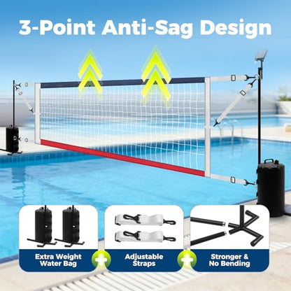 Pool Volleyball Net Set with Solar LED Lights, Adjustable 15-32ft Water Volleyball Net for Inground Pools with Glow Ball, Pump & Weighted Bases, Outdoor Pool Games for Kids Adults Family