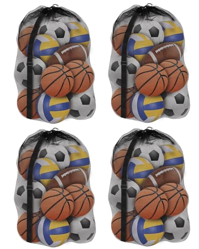 Youeon 4 Pcs Extra Large Mesh Ball Bags 30 x 40 Inch, Heavy Duty Sports Ball Bag with Drawstring Closure & Adjustable Shoulder Strap, Black Ball Storage Bags for All Kinds of Balls, Laundry