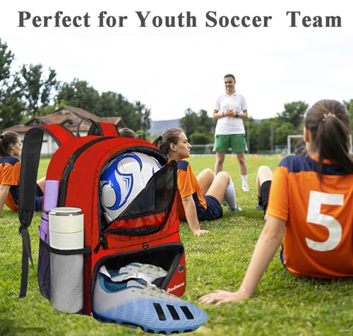 Soccer Bag, Basketball Backpack, Sports Equipment Bag with Shoes and Ball Compartment Holds Sneaks, Helmet, Basketball, Football, Vollyball, Gloves - color: Red/Black
