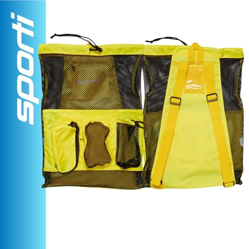 Sporti Swimming Equipment Bag Zipper Pocket, Mesh Drawstring Backpack, Drawstring Bags, Big Mesh Backpack for Workout Gear - color: Equipment - Yellow, style: 4. Two Shoulders & Pockets