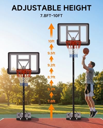Basketball Hoop Outdoor, 7.7-10ft Height Adjustable, Portable Basketball Hoop & Goal with Fillable Base & 2 Wheels, 44"×30" Backboard for Backyard/Driveway/Indoor, Large