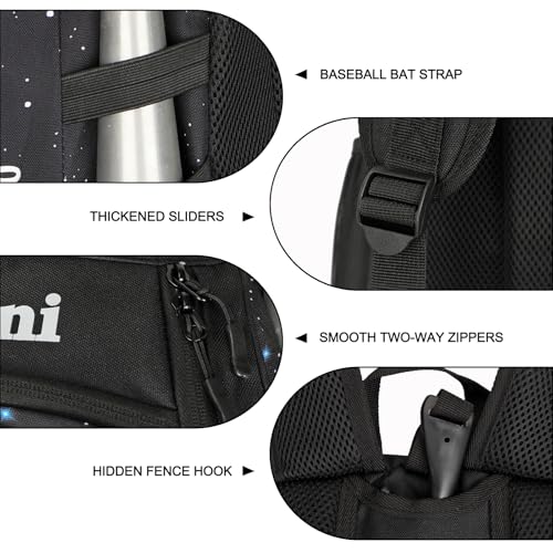 Goloni Youth Baseball Bag,Baseball Backpack with Shoes Compartment,Softball Bag with Fence Hook for T-Ball Bat & Equipment - color: Starry Sky Black