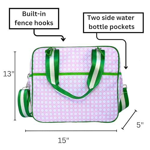 Cute Prepster Pickleball Bag for Women with Fence Hook, Tote with Pockets for Water Bottle, Paddles, Balls, Accessories - color: Pink Bamboo Print