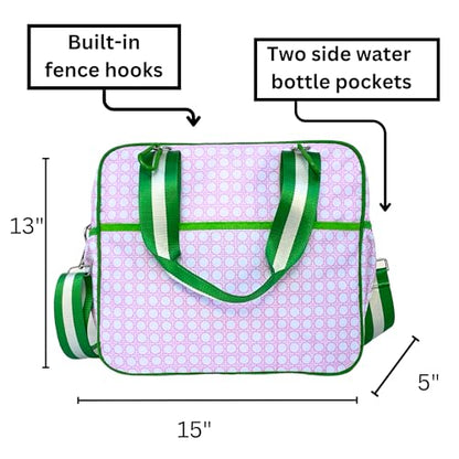 Cute Prepster Pickleball Bag for Women with Fence Hook, Tote with Pockets for Water Bottle, Paddles, Balls, Accessories - color: Pink Bamboo Print