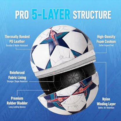 Soccer Ball Size 5, Professional Seamless Waterproof PU Training Game Ball Official Match Ball for Adults and Youth, Indoor & Outdoor with Pump and Mesh Bag