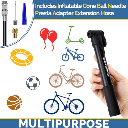 Bike Pump, Mini Bicycle Pump 100 PSI with Dual Valve Schrader Presta, Portable Bike Tire Inflator with Extension Hose & Mounting Bracket for Road Bike, Mountain Bike, Ball and Sports Equipment