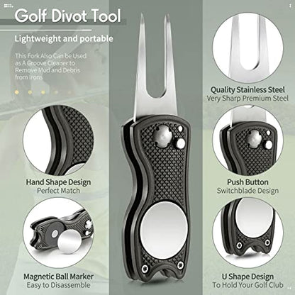 Skylety 4 Pcs Golf Divot Repair Tool Metal Foldable Golf Divot Tool with Magnetic Pop-up Button Ball Marker Stainless Steel Switchblade for Golfers Prizes - color: Gray