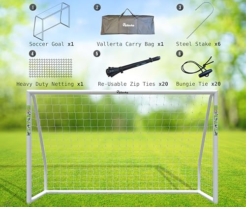 Vallerta® Soccer Goal 12x6Ft/10x6Ft/7x5Ft/6x4Ft. Portable Weatherproof PVC Frame with Net, Carry Bag and Ground Stakes, Youth Regulation Sizes for Kids and Adults, Outdoor/Indoor.