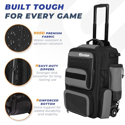 Rolling Baseball Bag with Wheels, 70L Large Capacity Baseball Backpack with Hidden Shoulder Strap, Sturdy Softball Bag with Multi-Pockets, Shoe Compartment, Fence Hooks for Players, Coaches - color: Grey
