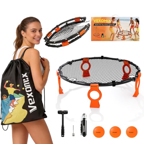 Foldable Metal Roundnet Game Set - Outdoor Games Sets with Pre-Installed Net & Screw-Fixed Pro Bounce - No Net Assembly - Includes 3 Balls, Pump, Case & Rules - Orange