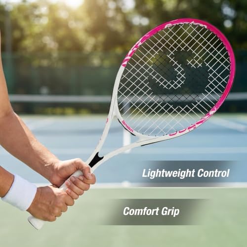 Senston 27 inch Tennis Racket for Adults 1 Pack Tennis Racket Set Tennis Overgrip, Vibration Damper - color: white pink