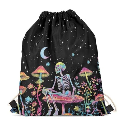 Mumeson Skeleton Mushroom Moon Star Drawstring Backpack Cool Travel Bag Sports Athletic Gym Sack for Women Men Girls Boys - color: Skeleton Mushroom Moon Star