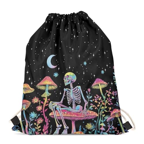 Mumeson Skeleton Mushroom Moon Star Drawstring Backpack Cool Travel Bag Sports Athletic Gym Sack for Women Men Girls Boys - color: Skeleton Mushroom Moon Star