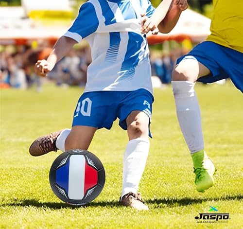 jaspo Soccer Champ Football, TPU Material, Machine Stitched, Size 5, Under 12 Years Age Group, 6 to 8 Lbs Inflation Football,Pump, France Black