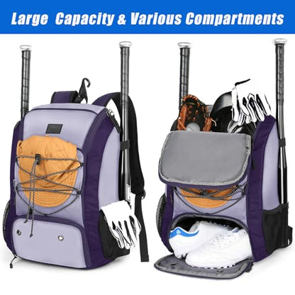 MATEIN Baseball Backpack, Softball Bat Bag with Shoes Compartment for Youth, Boys and Adult, Lightweight Baseball Bag with Fence Hook Hold TBall Bat, Batting Mitten, Helmet, Caps, Teeball Gear - color: Purple, size: 29L