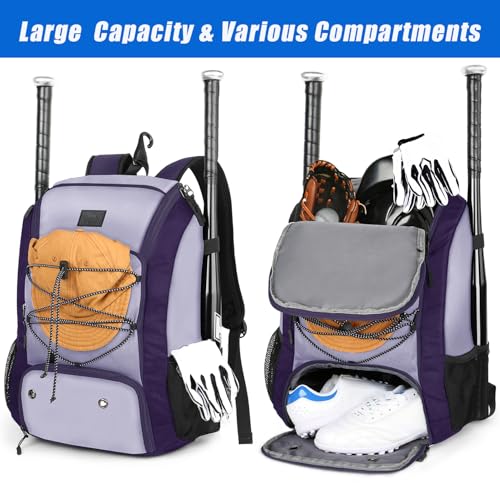 MATEIN Baseball Backpack, Softball Bat Bag with Shoes Compartment for Youth, Boys and Adult, Lightweight Baseball Bag with Fence Hook Hold TBall Bat, Batting Mitten, Helmet, Caps, Teeball Gear - color: Purple, size: 47L