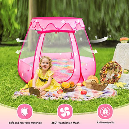 Princess Castle Girls Play Tent with Rainbow Rug Star Lights Pop Up Play Tent for Toddlers Kids DISHIO Playhouse Toys for 1,2,3 Years Birthday Gifts Fairy Girls Tent with Mat Indoor Outdoor Kids Play - style: Tent with rainbow rug/lights