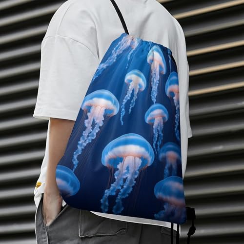 Lightweight Drawstring Sackpack Sports Backpack Waterproof for Gym Travel Hiking Men Women Durable Polyester, Under Sea Ocean Jellyfish Blue Bags - color: Picture (1020)