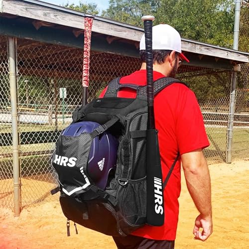 Hit Run Steal Large Baseball/Softball Bat Bag Backpack, Black - 4-Bat Capacity, Helmet and Glove Space, Vented Shoe Pocket, Padded Straps, Bottle Holder, Fence Hook