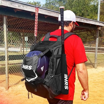 Hit Run Steal Large Baseball/Softball Bat Bag Backpack, Black - 4-Bat Capacity, Helmet and Glove Space, Vented Shoe Pocket, Padded Straps, Bottle Holder, Fence Hook