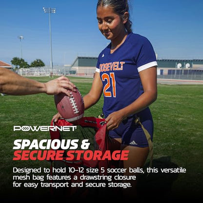 PowerNet Mesh Bag Ball Storage for Soccer, Football & Volleyball, Ball Bag with Exterior Valuables Pocket, Training Equipment Storage Ideal for Teams and Coaches