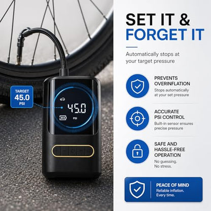 Portable Bike Air Compressor – Mini Electric Tire Pump with Auto Shut-Off, Multi-Valve Compatible, Rechargeable Tire Inflator for Bikes, Cars & E-Bikes