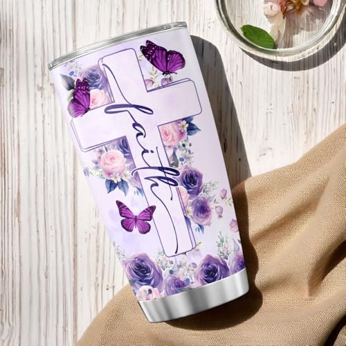 Christian Gifts for Women of Faith, Purple Butterfly Floral Cross Design 20oz Stainless Steel Insulated Tumbler, Religious Inspirational Bible Verse Travel Cup for Mom, Sister, Friend - color: Faith and Bible Verse