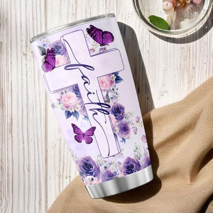Christian Gifts for Women of Faith, Purple Butterfly Floral Cross Design 20oz Stainless Steel Insulated Tumbler, Religious Inspirational Bible Verse Travel Cup for Mom, Sister, Friend - color: Faith and Bible Verse