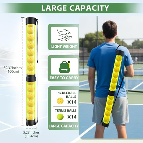 Tennis Ball & Pickleball Picker Holds 14 Balls, Ball Pickup Tube with Shoulder Strap, Lightweight Easy Pickup Portable Ball Holder, Pickleball & Tennis Ball Hopper - color: Yellow