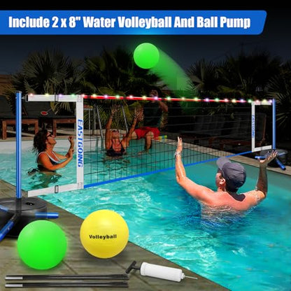 Pool Volleyball Net Set with Light,Adjustable Length 15-25FT，Swimming Pool Volleyball Net System with 2 Water Volleyballs and Heavy Duty Base.