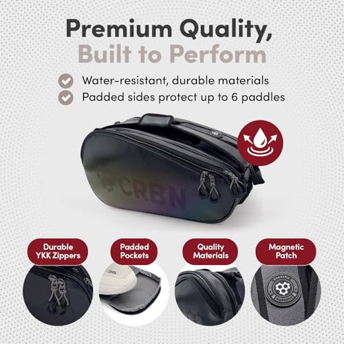 CRBN Pickleball - Pro Team Tour Pickleball Paddle Bag with Built-In Zip-Off Sling Bag - Padded Side Pockets for 6 Paddles, Shoes & More - color: Black