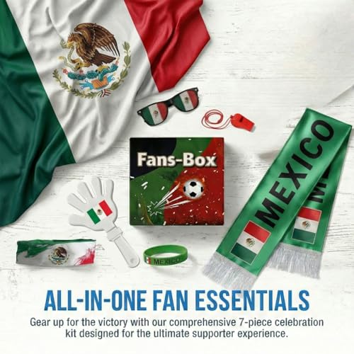 Soccer Fan Gear Set 2026-7 Piece Game Day Kit with Flag, Scarf, Glasses, Whistle, Clapper, Wristband & Headband in Gift Box - Watch Party & Stadium Essentials for Mexico - color: Mexico