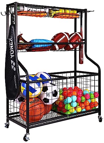 Fitvids Garage Sports Equipment Organizer, Garage Ball Storage, Sports Gear Storage, Garage Organizer with Baskets and Hooks, Rolling Sports Ball Storage Cart, Black, Steel - style: 3-Tier with Large Base