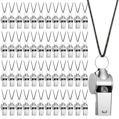48PCS Stainless Steel Sports Whistles with Black Lanyard – Loud Crisp Sound Whistles Bulk for Coaches, Referees, Officials, and Emergency Use